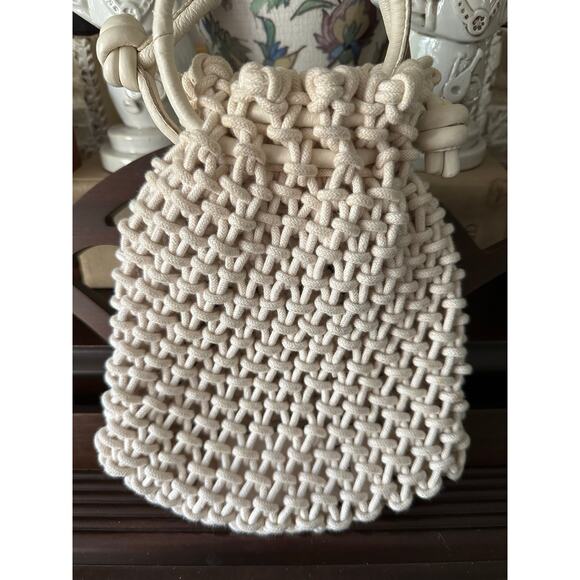 Clare V. Sandy Drawstring Clutch crocheted ivory cotton leather handles bag - Picture 5 of 16